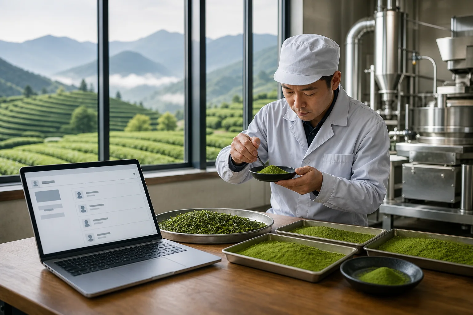 A generic Chinese matcha processing specialist reviewing powder while a sparse professional-network search is open on a laptop.